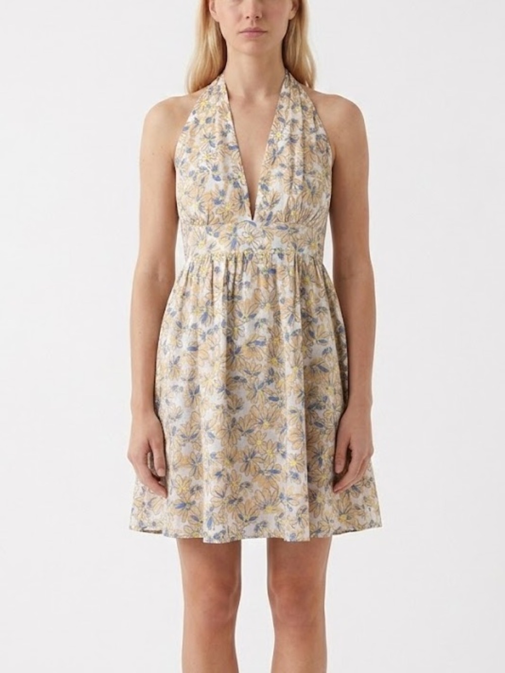 COTTAGECORE White and Yellow Cotton Floral Flowy Halter Mini Dress - Size Small